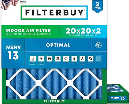 Filterbuy 20x20x2 Air Filter MERV 13 Optimal Smoke & Allergy Defense (2-Pack), Electrostatic Pleated HVAC AC Furnace Filters Replacement, Made in USA (Actual Size: 19.50 x 19.50 x 1.75)