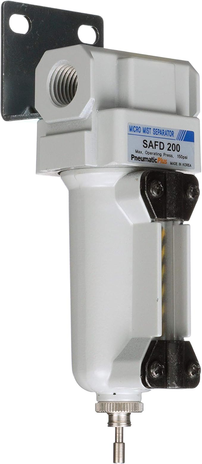 PneumaticPlus SAFD200-N02B-MEP Miniature Compressed Air Coalescing Filter, 0.01 Micron 1/4" NPT - Metal Bowl, Manual Drain, Bracket
