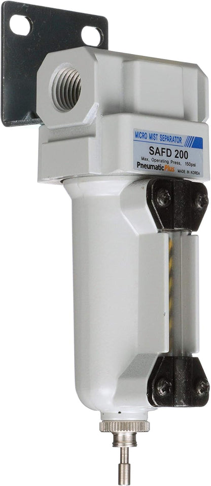 PneumaticPlus SAFD200-N02B-MEP Miniature Compressed Air Coalescing Filter, 0.01 Micron 1/4" NPT - Metal Bowl, Manual Drain, Bracket
