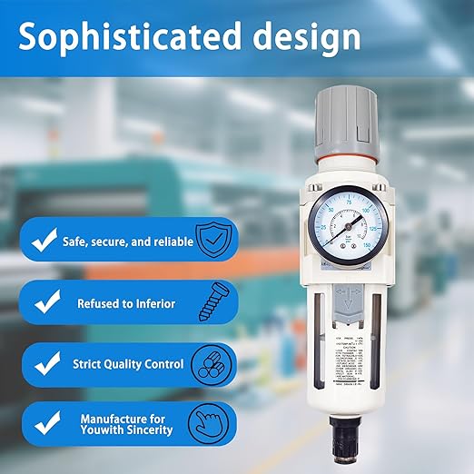 XingNEeng 1/2" NPT Compressed Air Filter Regulator Combo Piggyback, Water/Oil Trap Separator with Pressure Gauge(0-150 psi), Auto Drain, Poly Bowl, 5 Micron Brass Element, Metal Bracket