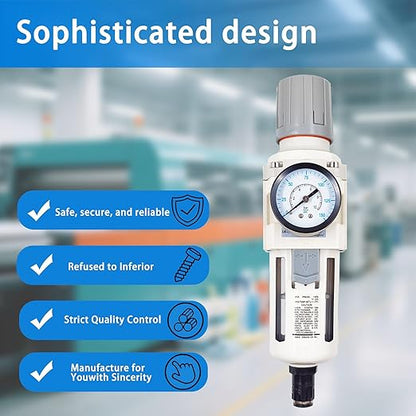 XingNEeng 1/2" NPT Compressed Air Filter Regulator Combo Piggyback, Water/Oil Trap Separator with Pressure Gauge(0-150 psi), Auto Drain, Poly Bowl, 5 Micron Brass Element, Metal Bracket