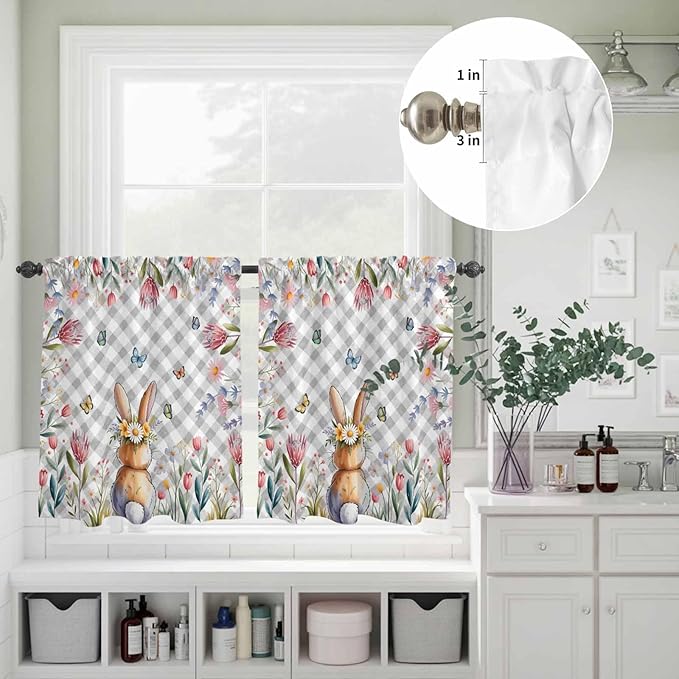Kitchen Curtains Tiers and Valance Set of 3, Easter Light Filtering Window Curtain Set, Spring Rabbit Butterfly Botanical Florals Grey Plaid Rod Pocket Curtain Drapes for Living Room, 24 Inches Tiers