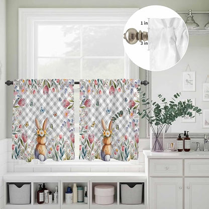 Kitchen Curtains Tiers and Valance Set of 3, Easter Light Filtering Window Curtain Set, Spring Rabbit Butterfly Botanical Florals Grey Plaid Rod Pocket Curtain Drapes for Living Room, 24 Inches Tiers