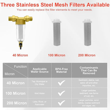 Spin Down Sediment Filter, Inline Water Filter for Home Well Water, 40/100/200 Micron Whole House Prefilter Filtration System, 1" MNPT + 3/4" FNPT + 3/4"MNPT, Lead-Free Brass