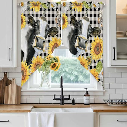 Retro Sunflowers Swag Valances for Windows, Farmhouse Floral Cow Butterfly Black Plaid Rod Pocket Kitchen Curtains Valance, Kitchen Window Curtains Swag for Cafe Living Room, 2 Panels, 36x63 inch