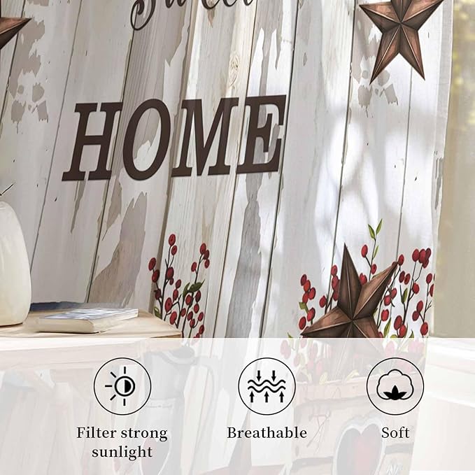 Farmhouse Sheer Curtains 72 Inch Length Retro Country Star Berry Vintage Wood Grain Chiffon Curtain for Bedroom Living Room Light Filtering Rod Pocket Window Treatments Voile Curtains Drapes