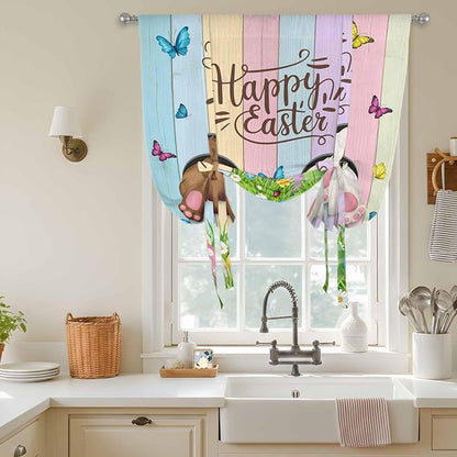 Tie Up Curtains,Happy Easter Rabbit Butt Egg on Daisy Leaf Adjustable Rod Pocket Window Shade Curtain Drape Bufferfly on Wood Barn Tie-Up Valance for Kitchen Bedroom Living Room Windows,46"x63"