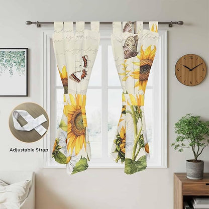 Farm Sunflowers Bathroom Curtains 63 Inch Length, Window Curtains Tab Top, Retro Flowers Butterfly Botanical Beige Light Filtering Window Treatments Drapes 52"x63" 2 Panel