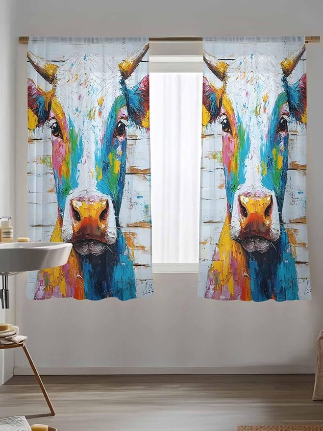 Sheer Curtains 72 Inches Long, Funny Colorful Cow Semi Sheer Curtains Light Filtering Window Treatment, Retro Rustic Oil Painting Wood Grain Privacy Voile Drapes for Living Room Bedroom 52x72 Inch