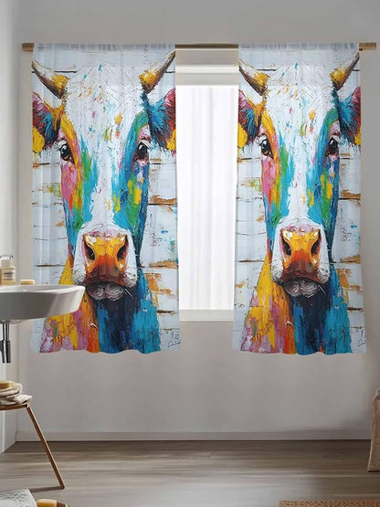 Sheer Curtains 72 Inches Long, Funny Colorful Cow Semi Sheer Curtains Light Filtering Window Treatment, Retro Rustic Oil Painting Wood Grain Privacy Voile Drapes for Living Room Bedroom 52x72 Inch