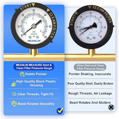 MEANLIN MEASURE 0~60Psi Plastic Frame 1/4" NPT Start and Clean Filter Pressure Gauge, Suitable for Swimming Pool, Spa, Aquarium (0-60Psi/0-4BAR/KIT, Center Back Mount)