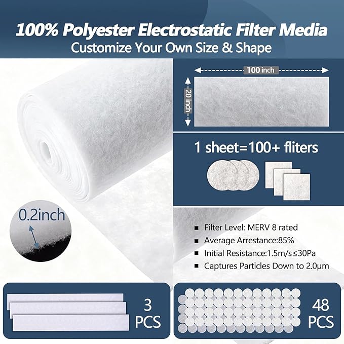 MERV 8 Air Vent Filters Kit 20x100 Inch|Cut to Fit (60+ Filters) Filter Material,High-Grade Electrostatic Filter Media with 48 Hooks for Home Floor, Ceiling, HVAC Furnace Vents & Grilles