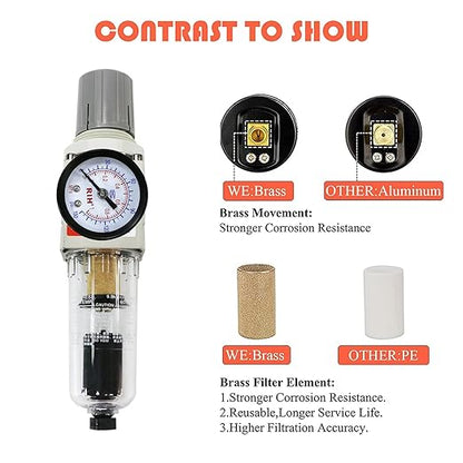 RIH 1/4" NPT Auto Drain Compressed Air Filter Regulator Combo Piggyback, 5 Micron Brass Element, Poly Bowl, Metal Bracket, 0-150 psi Gauge Air Tool Compressor Filter with Gauge (1/4" NPT)