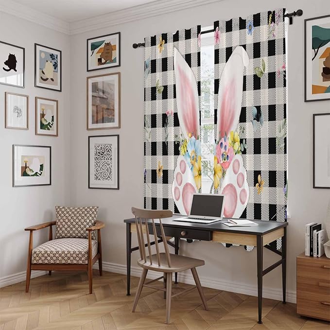 Easter Window Curtains 72 Inch Long 2 Panel Set,Rod Pocket Long Curtains & Drapes,Spring Rabbits Ears Feet Wildflowers Black Plaid Light Filtering Window Treatment for Bedroom Living Room 52"W x 72"L