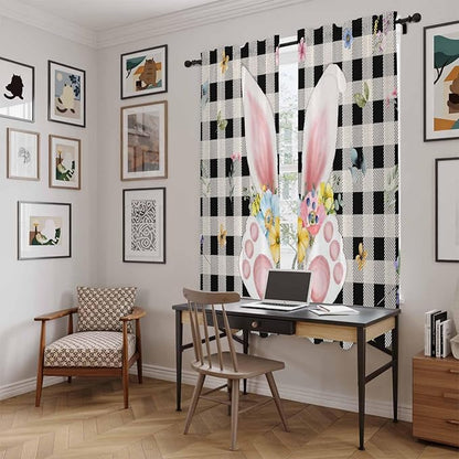 Easter Window Curtains 72 Inch Long 2 Panel Set,Rod Pocket Long Curtains & Drapes,Spring Rabbits Ears Feet Wildflowers Black Plaid Light Filtering Window Treatment for Bedroom Living Room 52"W x 72"L