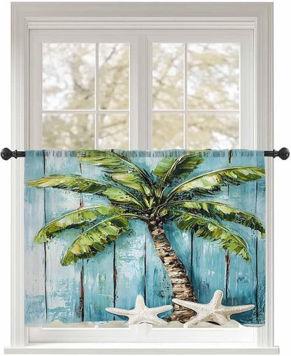 Sheer Curtains 45 Inch Length, Coastal Beach Starfish Semi Sheer Curtains Light Filtering Window Treatment, Blue Green Tropical Palm Tree Wood Grain Privacy Voile Drapes for Living Room 52x45 Inch