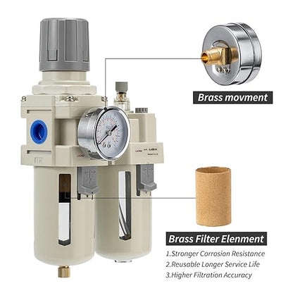Industrial Air Compressor Filter Regulator Lubricator (FRL) Unit - 1/2 NPT Oil Water Separator with Pressure Gauge & Semi-Auto Drain for Pneumatic Systems