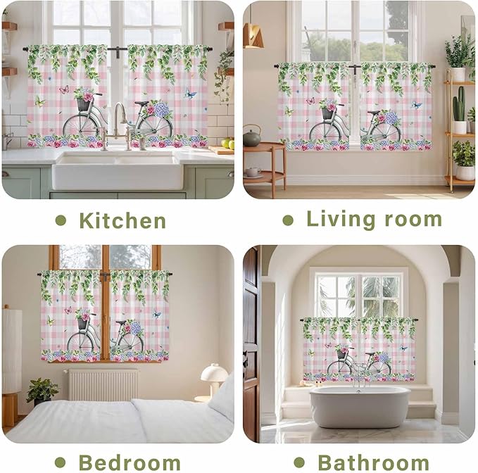 Spring Kitchen Curtains, Bicycles Leaves Butterfly Flowers Pink Buffalo Plaid Light Filtering Window Curtain Panels, 2Pcs Rod Pocket Window Treatments Set for Study Room Bathroom Bedroom 52x54 Inches