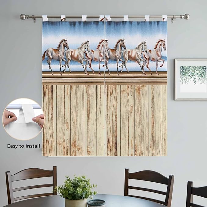 Western Horse Bathroom Curtains 63 Inch Length, Window Curtains Tab Top, Farmhouse Wooden Grain Vintage Cowboy Barn Door Light Filtering Window Treatments Drapes 52"x63" 2 Panel
