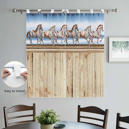 Western Horse Bathroom Curtains 63 Inch Length, Window Curtains Tab Top, Farmhouse Wooden Grain Vintage Cowboy Barn Door Light Filtering Window Treatments Drapes 52"x63" 2 Panel
