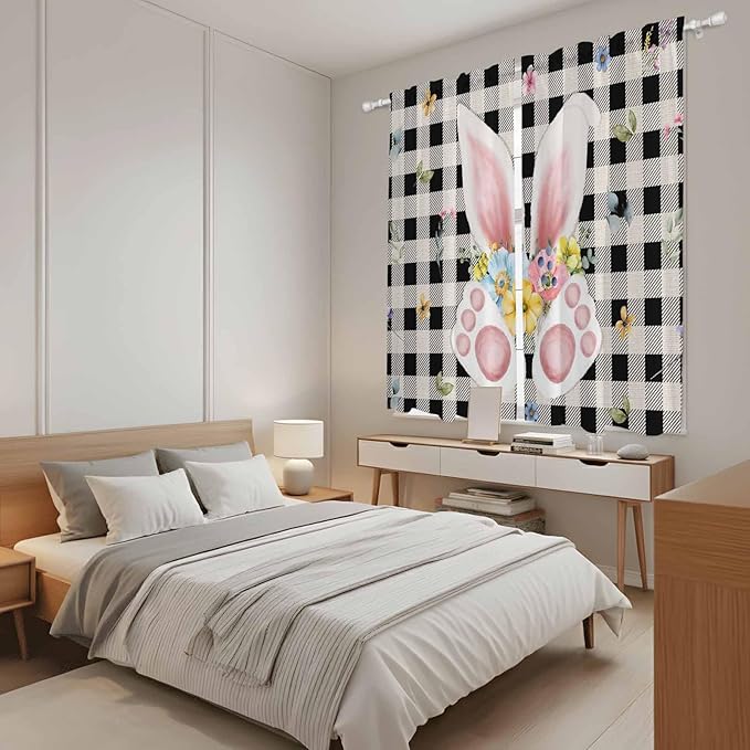 Easter Window Curtains 63 Inch Long 2 Panel Set, Rod Pocket Bedroom Curtains & Drapes, Spring Rabbits Ears Feet Wildflowers Black Plaid Light Filtering Window Treatment for Living Room 42"W x 63"L