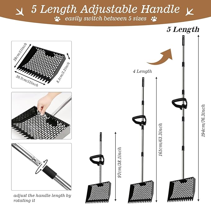 12-Inch Heavy Duty Chicken Poop Scooper & Rake 2-in-1 with 36-77" Adjustable Stainless Steel Handle Ergonomic Metal Sifting Shovel for Chicken Coop, Goat Stall,Animals House Cleaning
