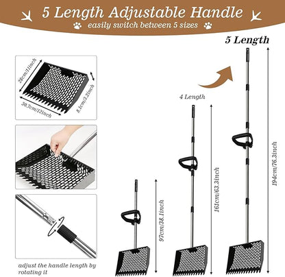 12-Inch Heavy Duty Chicken Poop Scooper & Rake 2-in-1 with 36-77" Adjustable Stainless Steel Handle Ergonomic Metal Sifting Shovel for Chicken Coop, Goat Stall,Animals House Cleaning