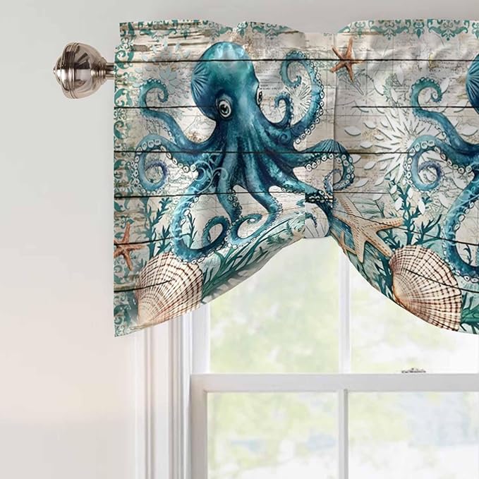 Sea Octopus Ocean Starfish Tie Up Valance Curtains,Nautical Anchor Vintage Wood Grain Kitchen Light Filtering Window Treatments with 3-inch Rod Pocket for Living Room,Bedroom,42x12In