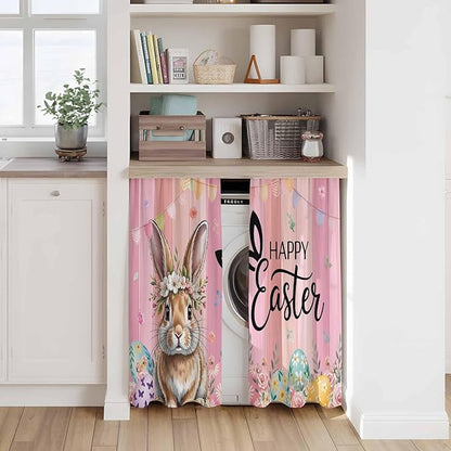 Easter Kitchen Curtains, Spring Rabbit Eggs Flowers Flags Leaves Wood Grain Light Filtering Window Curtain Panels, 2Pcs Rod Pocket Window Treatments Set for RV Dining Room Study Room 42x45 Inches