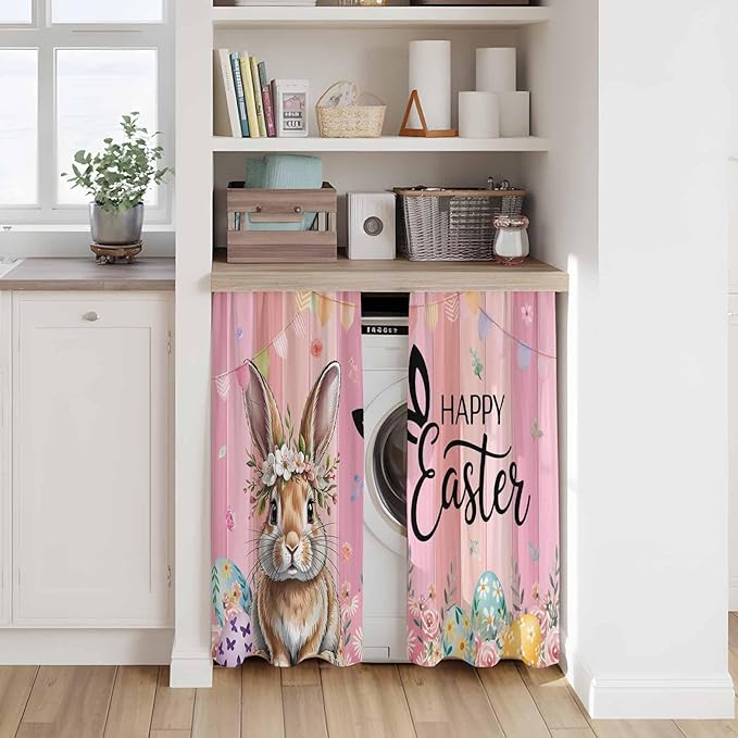Easter Kitchen Curtains, Spring Rabbit Eggs Flowers Flags Leaves Wood Grain Light Filtering Window Curtain Panels, 2Pcs Rod Pocket Window Treatments Set for RV Dining Room Study Room 42x54 Inches