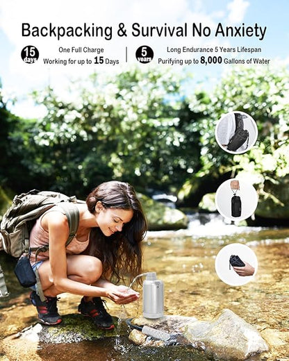 Upgraded Electric Water Filter Camping - 6-Stage Water Filtration System, Phone Charger, 4-in-1 Charging Cable, Hiking Water Filter Backpacking, Water Purifier Survival, Emergency Light (Silver) Black