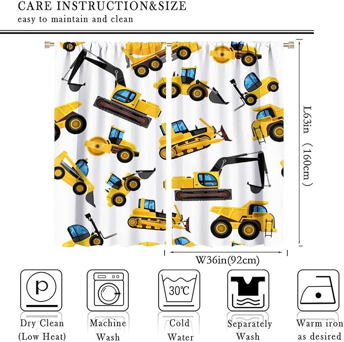 Kids Construction Equipment Window Curtains, Excavator Tractor Tow Truck Rod Pocket Decorative Windows Curtain for Children Teens Boys Girls Room Decor 72x63in (30% Blackout)