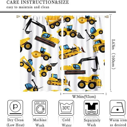 Kids Construction Equipment Window Curtains, Excavator Tractor Tow Truck Rod Pocket Decorative Windows Curtain for Children Teens Boys Girls Room Decor 72x63in (30% Blackout)
