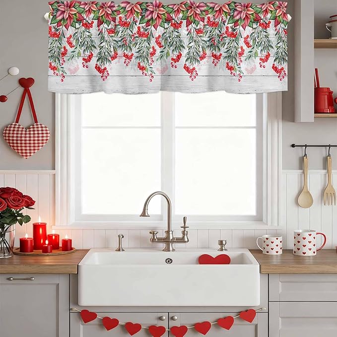 Poinsettia Berry Valance Curtains for Kitchen, Red Floral Winter Plants Vintage Wood Grain Privacy Rod Pocket Valance Curtain, Light-Filtering Window Treatment for Bedroom Bathroom, 54"x18"