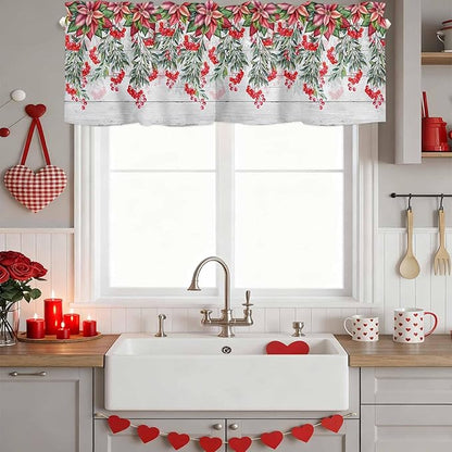 Poinsettia Berry Valance Curtains for Kitchen, Red Floral Winter Plants Vintage Wood Grain Privacy Rod Pocket Valance Curtain, Light-Filtering Window Treatment for Bedroom Bathroom, 60"x14"