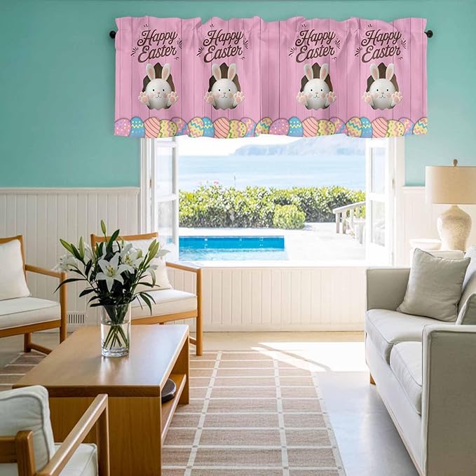 Pink Easter Curtain Valances for Windows, Kitchen Valance Window Treatment, Easter Bunny Eggs Spring Cartoon Farmhouse Wood Grain Light Filter Block Curtains for Bathroom/Bedroom/Living Room 60''x18''