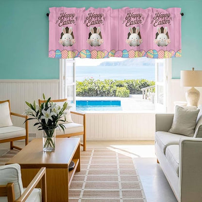 Pink Easter Curtain Valances for Windows, Kitchen Valance Window Treatment, Easter Bunny Eggs Spring Cartoon Farmhouse Wood Grain Light Filter Block Curtains for Bathroom/Bedroom/Living Room 60''x18''