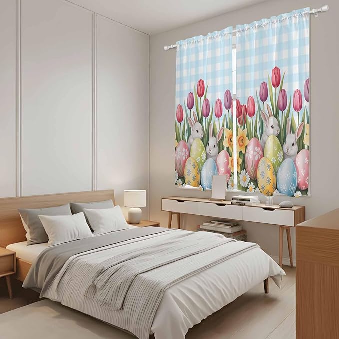 Easter Window Curtains 63 Inch Long 2 Panel Set, Rod Pocket Bedroom Curtains & Drapes, Spring Bunny Colorful Eggs Tulip Flowers Blue Check Light Filtering Window Treatment for Living Room 42"W x 63"L
