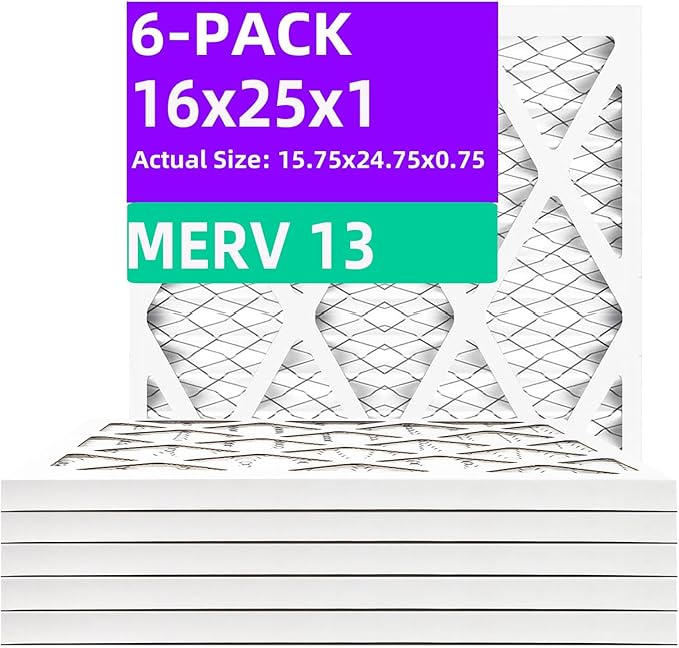 16x25x1 MERV 13 (6-Pack) Pleated Air Filter (Actual Size: 15.75" x 24.75" x 0.75") MPR 1900 & FPR 10, Furnace Air Filters