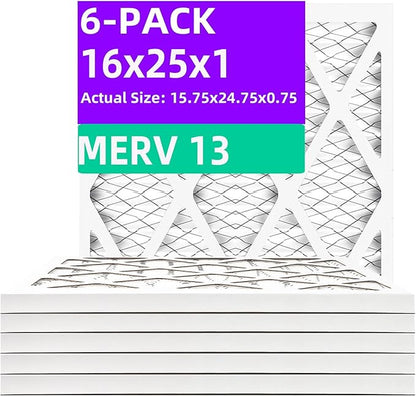 16x25x1 MERV 13 (6-Pack) Pleated Air Filter (Actual Size: 15.75" x 24.75" x 0.75") MPR 1900 & FPR 10, Furnace Air Filters