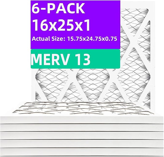 16x25x1 MERV 13 (6-Pack) Pleated Air Filter (Actual Size: 15.75" x 24.75" x 0.75") MPR 1900 & FPR 10, Furnace Air Filters