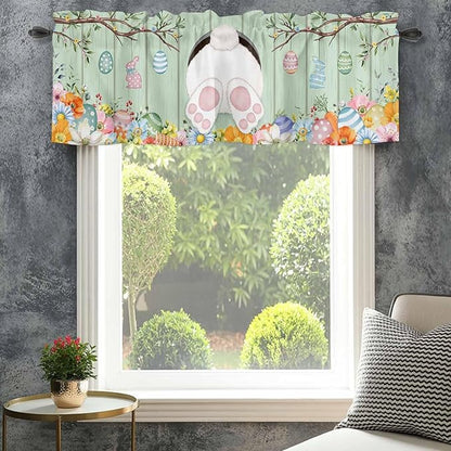 Easter Curtain Valances for Windows, Kitchen Valance Window Treatment, Spring Watercolor Bunny Eggs Wooden Grain Green Light Filtering Block Curtains for Bathroom/Bedroom/Living Room 60'' x 18''
