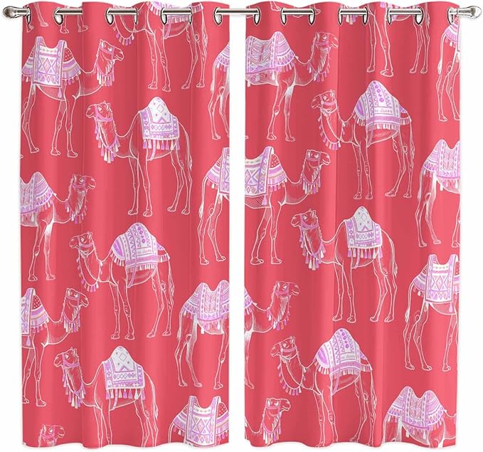 2 Panel Kitchen Cafe Curtains, Desert Camel Sunlight Filtering Nature Air Through, Home Decor Window Covering Tier Curtains for Living Room 80W x 63L inch Summer Sand Camel Animal Vintage Pink