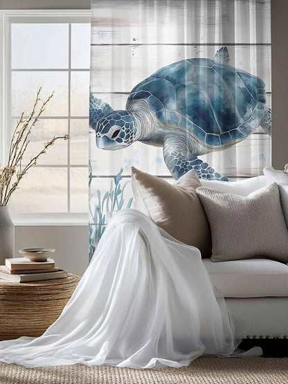Sheer Curtains 63 Inch Length, Ocean Sea Turtle Semi Sheer Curtains Light Filtering Window Treatment, Coastal Seaweed Vintage Wood Grain Privacy Voile Drapes for Living Room Bedroom 52x63 Inch