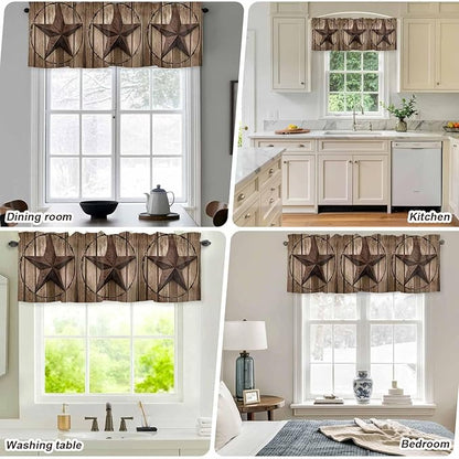 Vintage Texas Star Valances for Windows, Brown Wood Grain Wire Kitchen Valance Light Filtering Rod Pocket Short Curtains for Kitchen Bathroom, 1 Panel, 60"x18"
