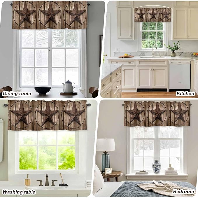 Vintage Texas Star Valances for Windows, Brown Wood Grain Wire Kitchen Valance Light Filtering Rod Pocket Short Curtains for Kitchen Bathroom, 1 Panel, 42"x12"