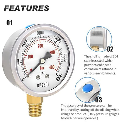 0-6000 Psi Glycerin Liquid Filled Hydraulic High Pressure Gauge, 2.5" Dial Size, 1/4" NPT Lower Mount, 304 Stainless Steel Case, for Water Oil Air Gas Pressure Test