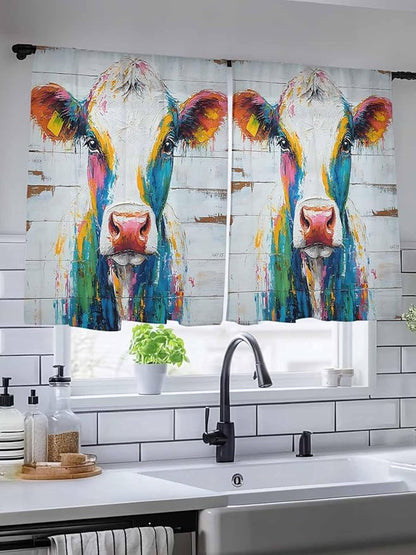 Sheer Curtains 54 Inch Length, Farmhouse Oil Painting Semi Sheer Curtains Light Filtering Window Treatment, Colorful Cow Animal Wooden Grain Privacy Voile Drapes for Living Room Bedroom 52x54 Inch