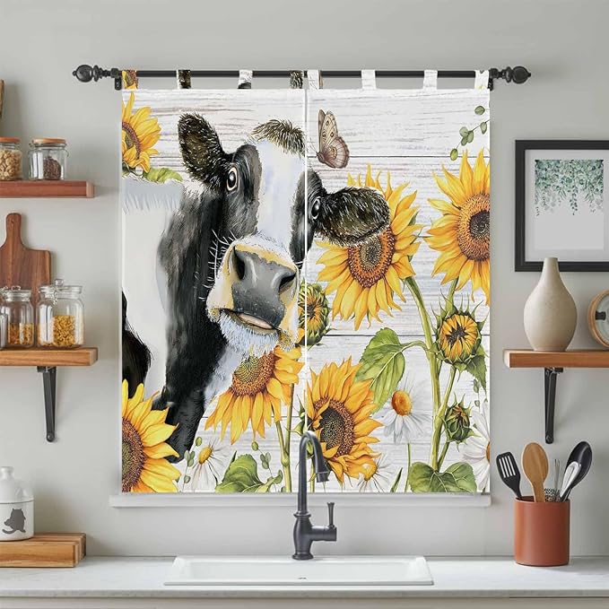 Retro Farmhouse Floral Bathroom Curtains 63 Inch Length, Window Curtains Tab Top, Yellow Sunflowers Cows Butterfly Wood Light Filtering Window Treatments Drapes 52"x63" 2 Panel