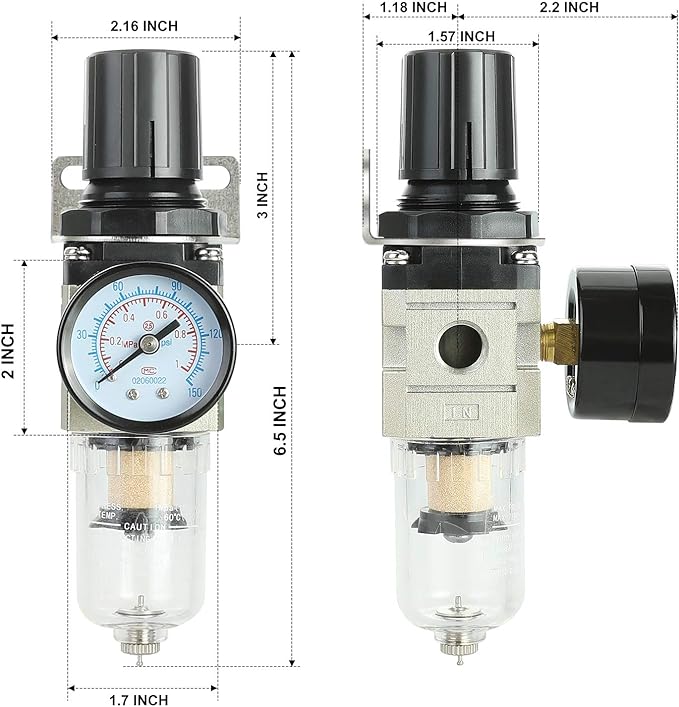 Hromee 1/4 Inch Air Compressor Filter Regulator Combo, Water Oil Separator with Pressure Gauge, Manual Drain, Ball Valve and Bracket AW2000-02